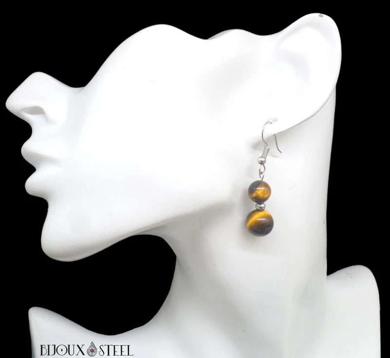 Boucles d'oreilles pendantes doubles perles d'oeil de tigre
