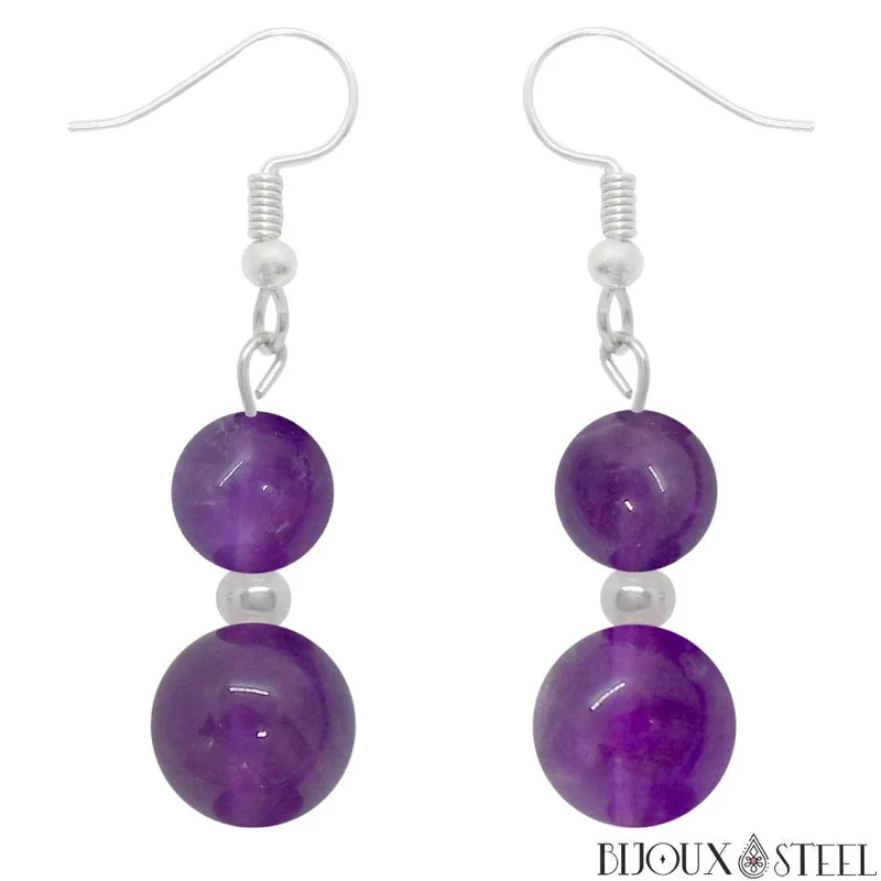 Boucles d'oreilles pendantes doubles perles d'améthyste