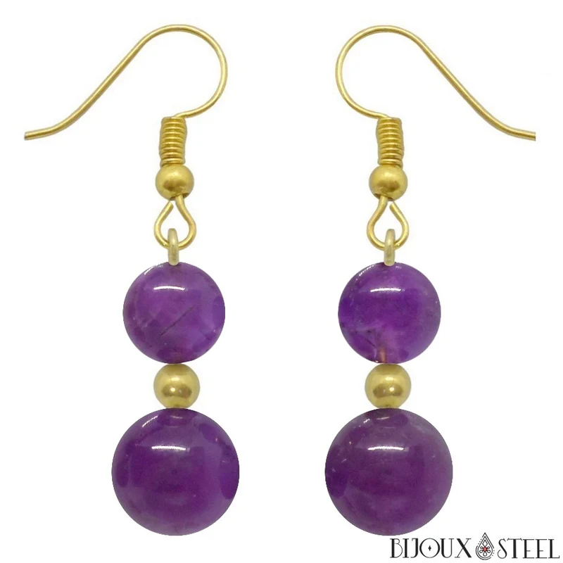Boucles d'oreilles pendantes doubles perles d'améthyste