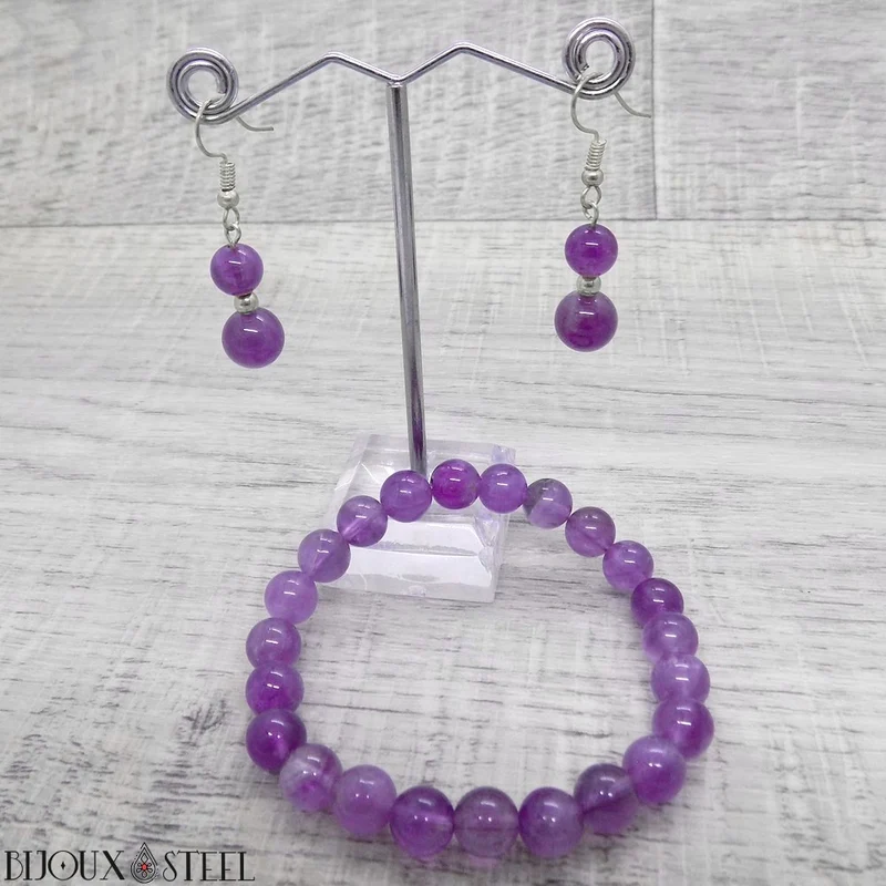 Boucles d'oreilles pendantes doubles perles d'améthyste