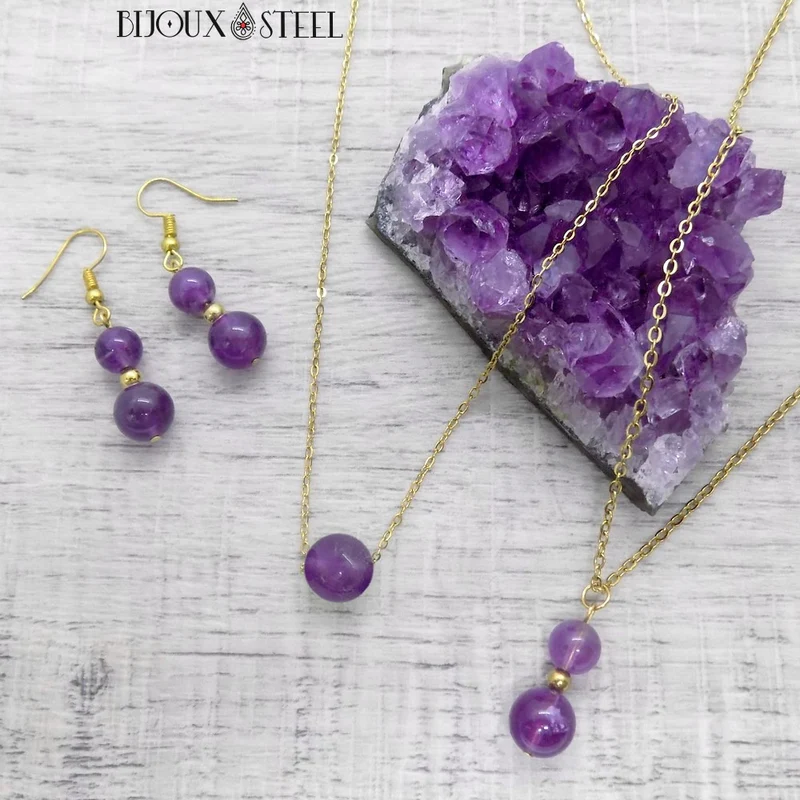 Boucles d'oreilles pendantes doubles perles d'améthyste