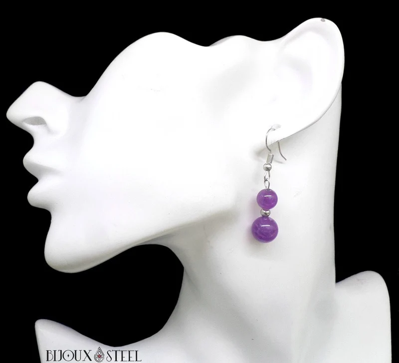 Boucles d'oreilles pendantes doubles perles d'améthyste