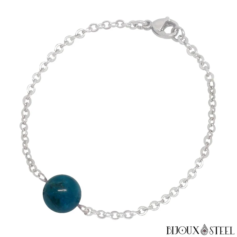 Bracelet à perle d'apatite bleue en acier inoxydable
