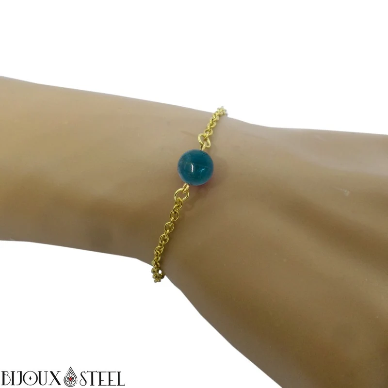 Bracelet à perle d'apatite bleue en acier inoxydable