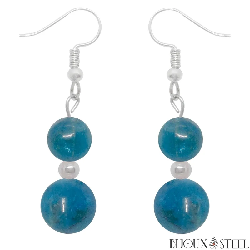 Boucles d'oreilles pendantes doubles perles d'apatite bleue