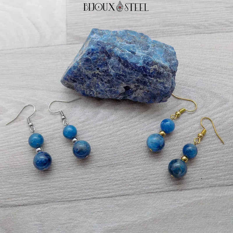 Boucles d'oreilles pendantes doubles perles d'apatite bleue