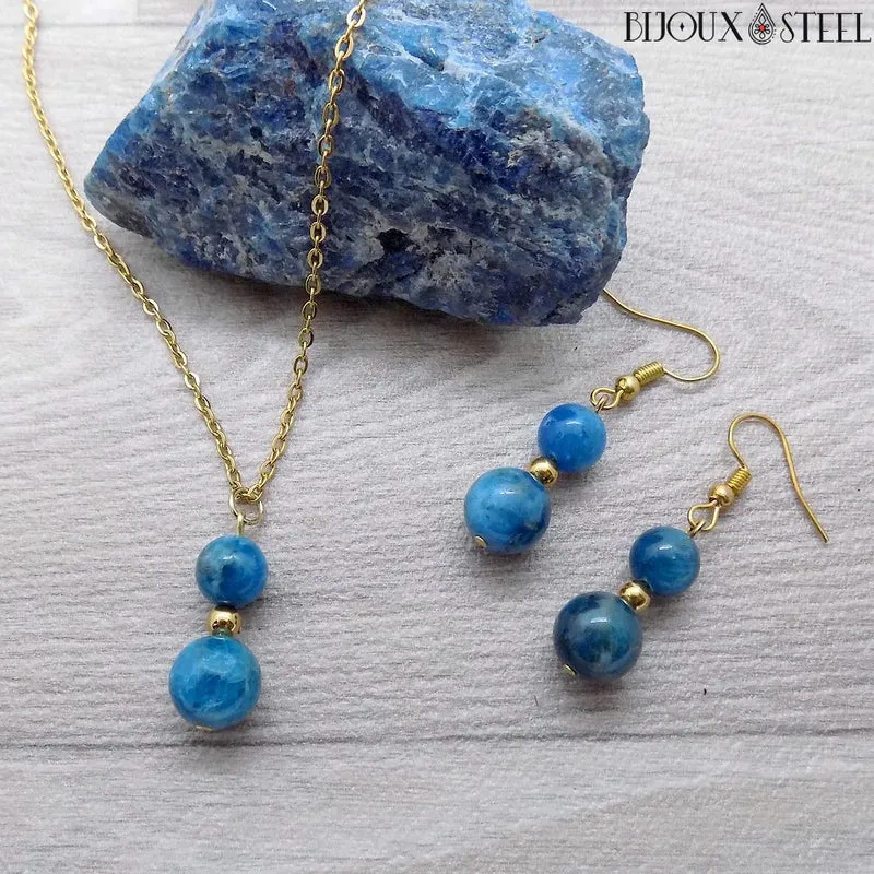 Boucles d'oreilles pendantes doubles perles d'apatite bleue