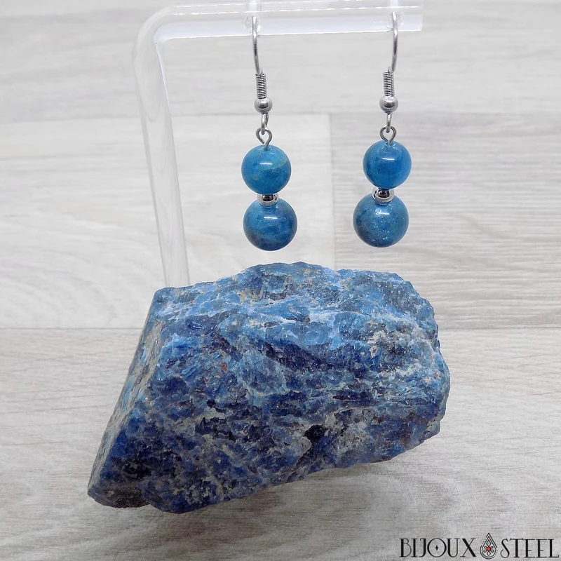 Boucles d'oreilles pendantes doubles perles d'apatite bleue