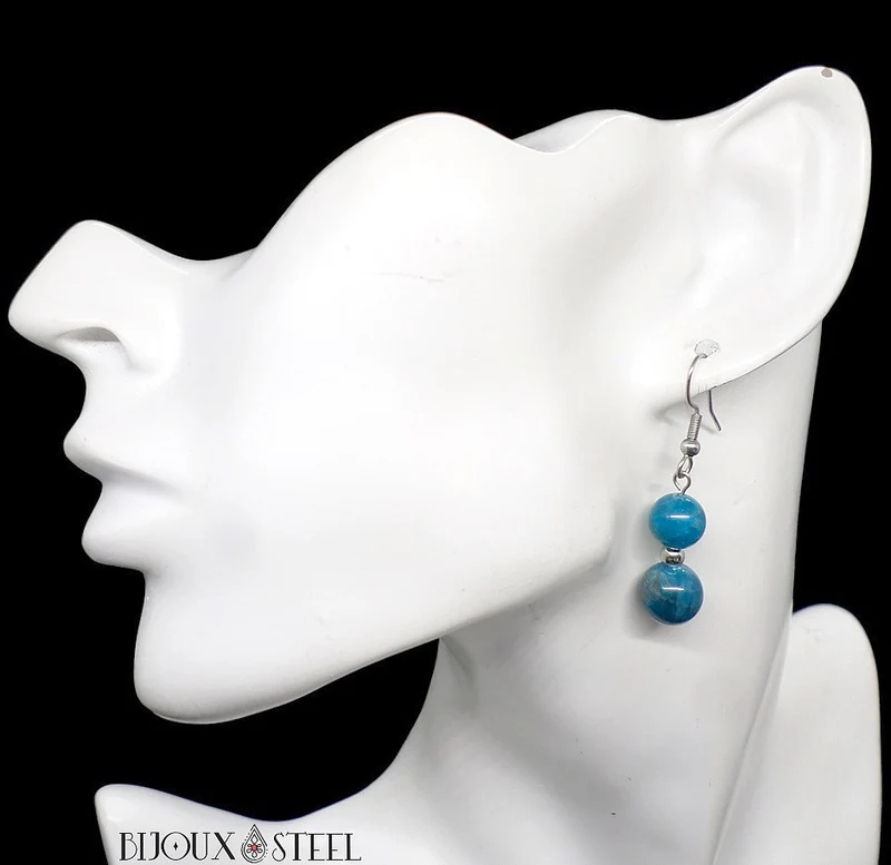 Boucles d'oreilles pendantes doubles perles d'apatite bleue