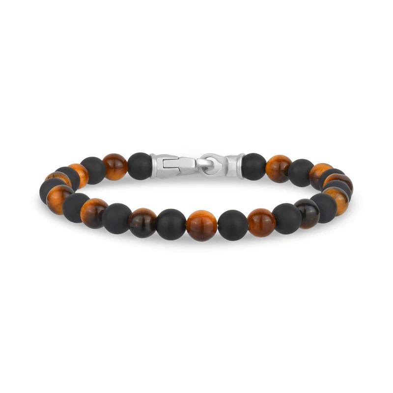 Bracelet de perles noires et brunes avec fermoir en acier 6mm