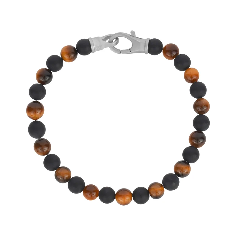 Bracelet de perles noires et brunes avec fermoir en acier 6mm