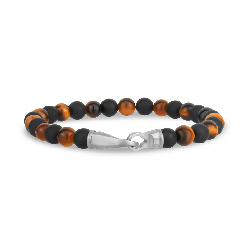 Bracelet de perles noires et brunes avec fermoir en acier 6mm