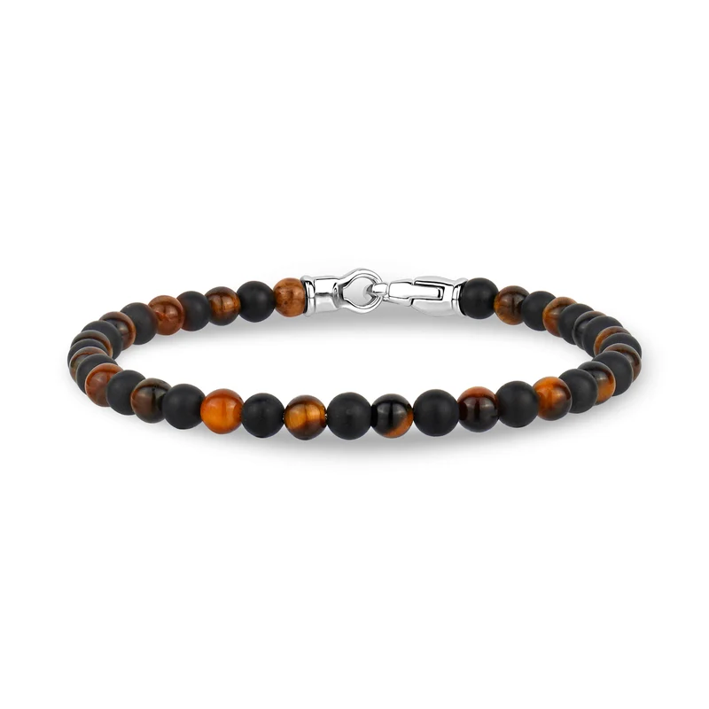 Bracelet de perles noires et brunes avec fermoir en acier de 4 mm