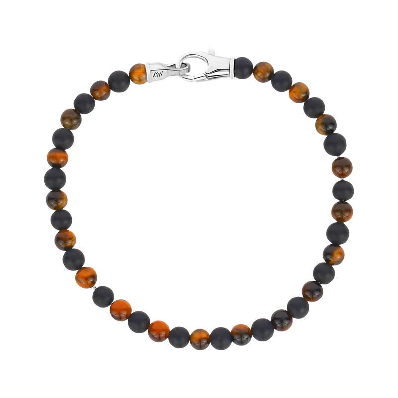 Bracelet de perles noires et brunes avec fermoir en acier de 4 mm