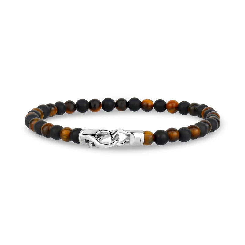 Bracelet de perles noires et brunes avec fermoir en acier de 4 mm