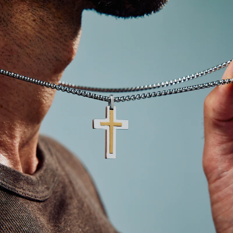 Pendentif double croix bicolore