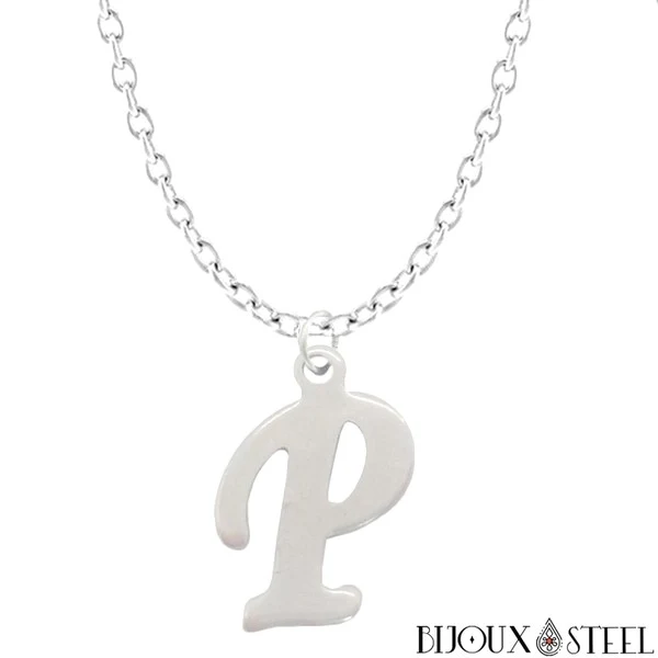 Collier à pendentif lettre argentée en acier inoxydable
