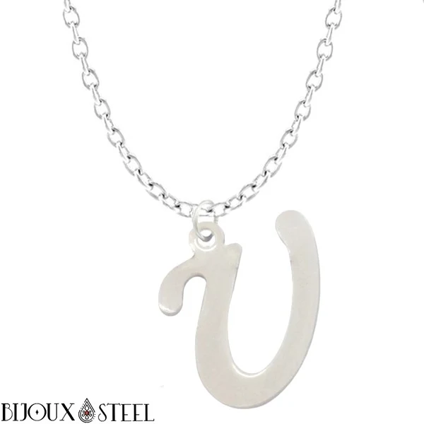 Collier à pendentif lettre argentée en acier inoxydable