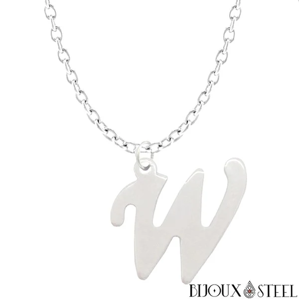 Collier à pendentif lettre argentée en acier inoxydable