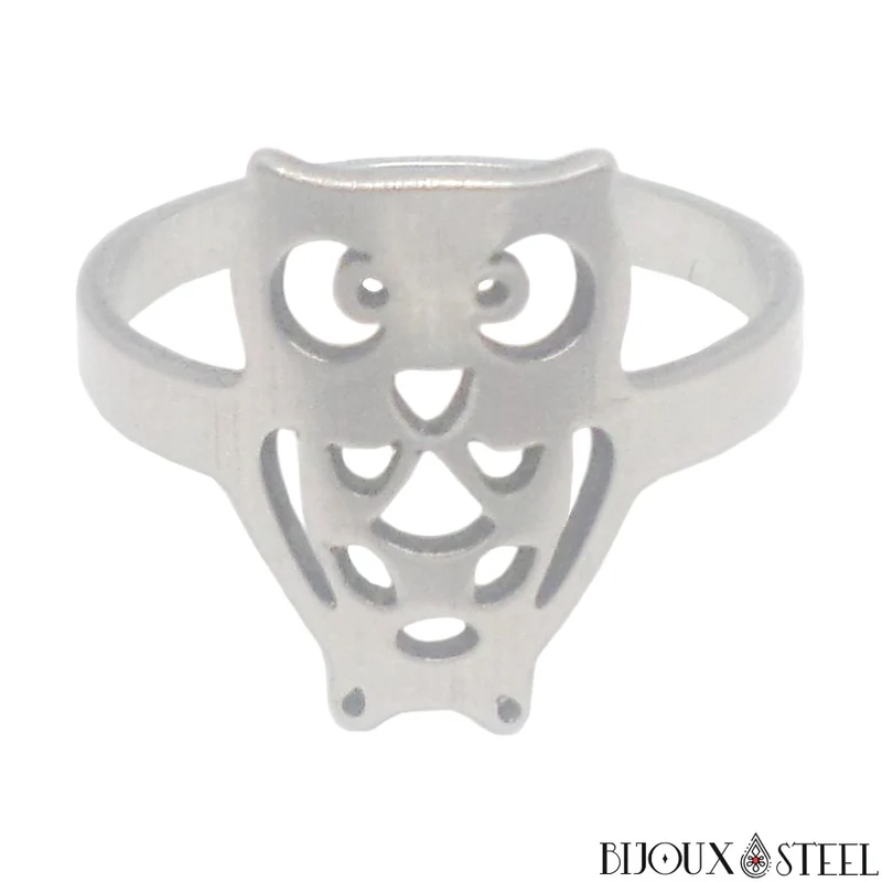 Bague hibou argenté en acier chirurgical