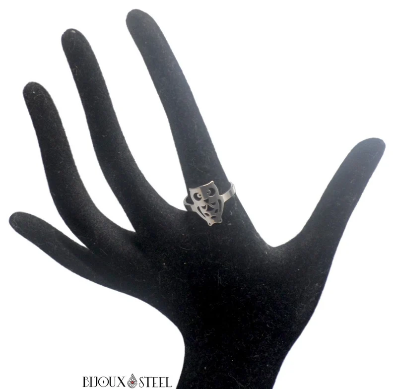 Bague hibou argenté en acier chirurgical