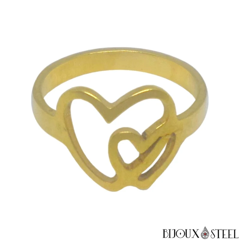 Bague double coeur dorée en acier chirurgical