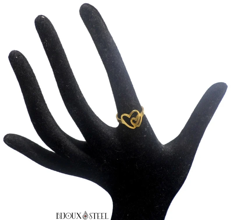 Bague double coeur dorée en acier chirurgical