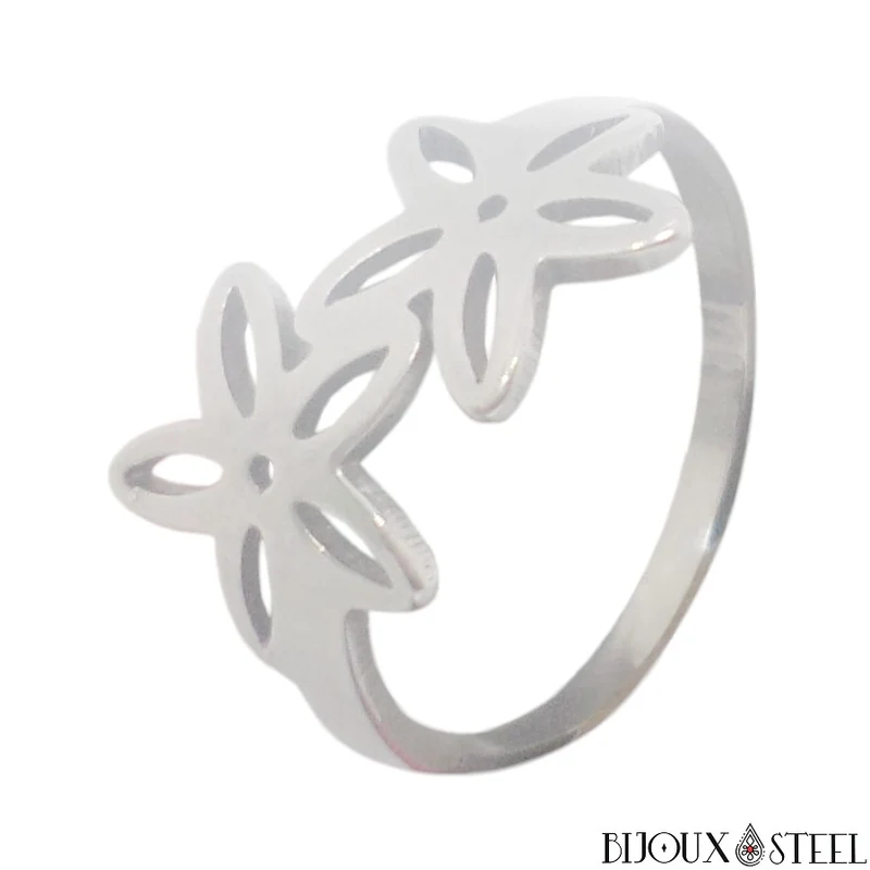 Bague deux fleurs argentées en acier chirurgical