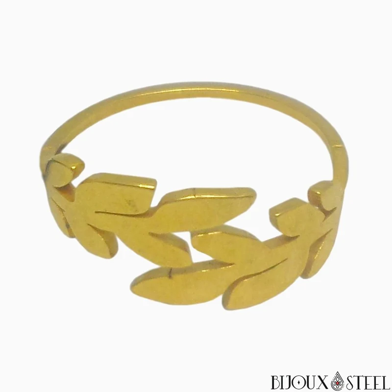 Bague couronne de laurier dorée en acier chirurgical