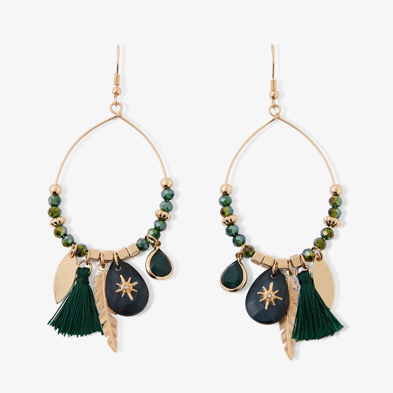 Boucles d'oreilles goutte perles facettées et breloques Best vert paon