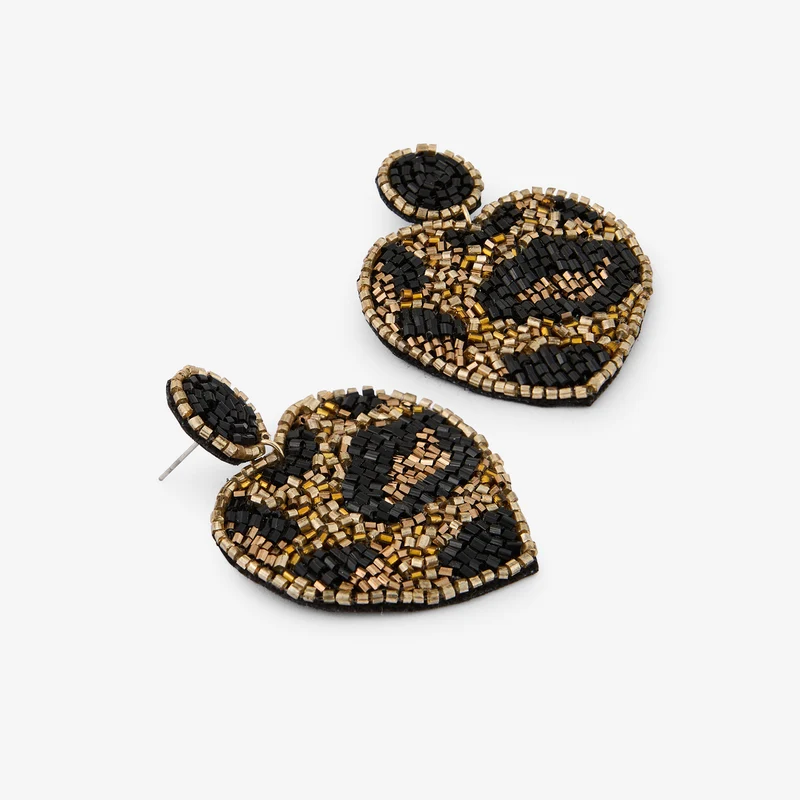 Boucles d'oreilles cœurs brodés Léopard félin