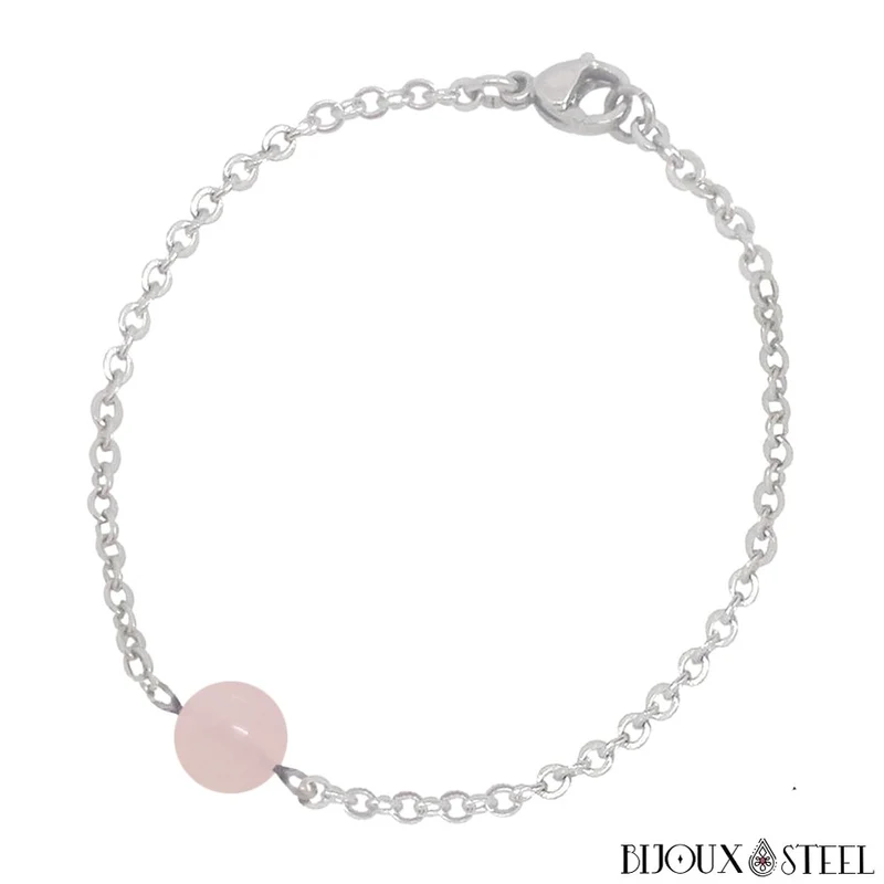 Bracelet à perle de quartz rose en acier inoxydable