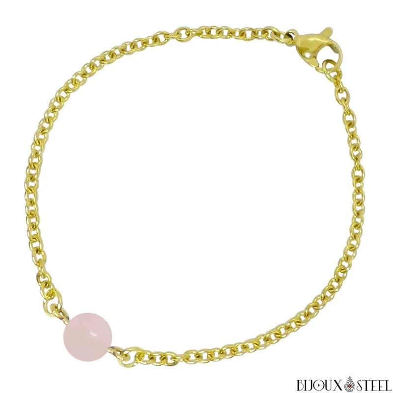 Bracelet à perle de quartz rose en acier inoxydable