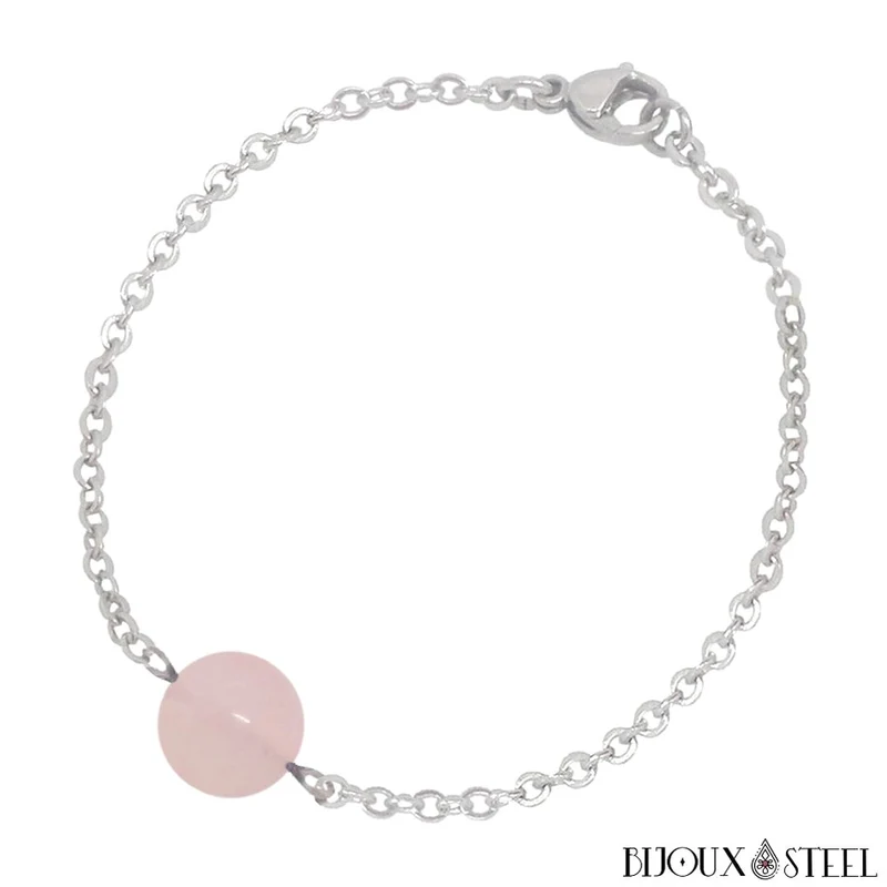 Bracelet à perle de quartz rose en acier inoxydable