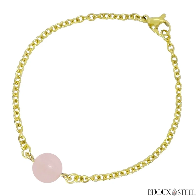 Bracelet à perle de quartz rose en acier inoxydable