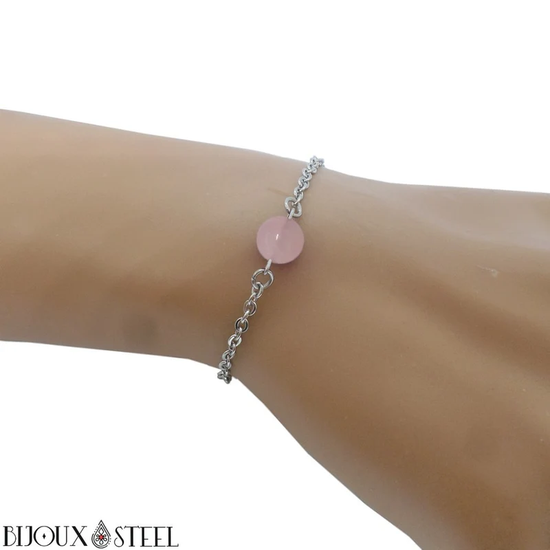 Bracelet à perle de quartz rose en acier inoxydable