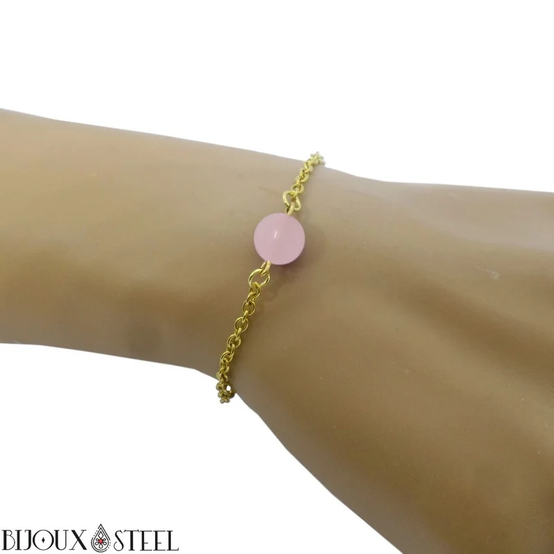 Bracelet à perle de quartz rose en acier inoxydable