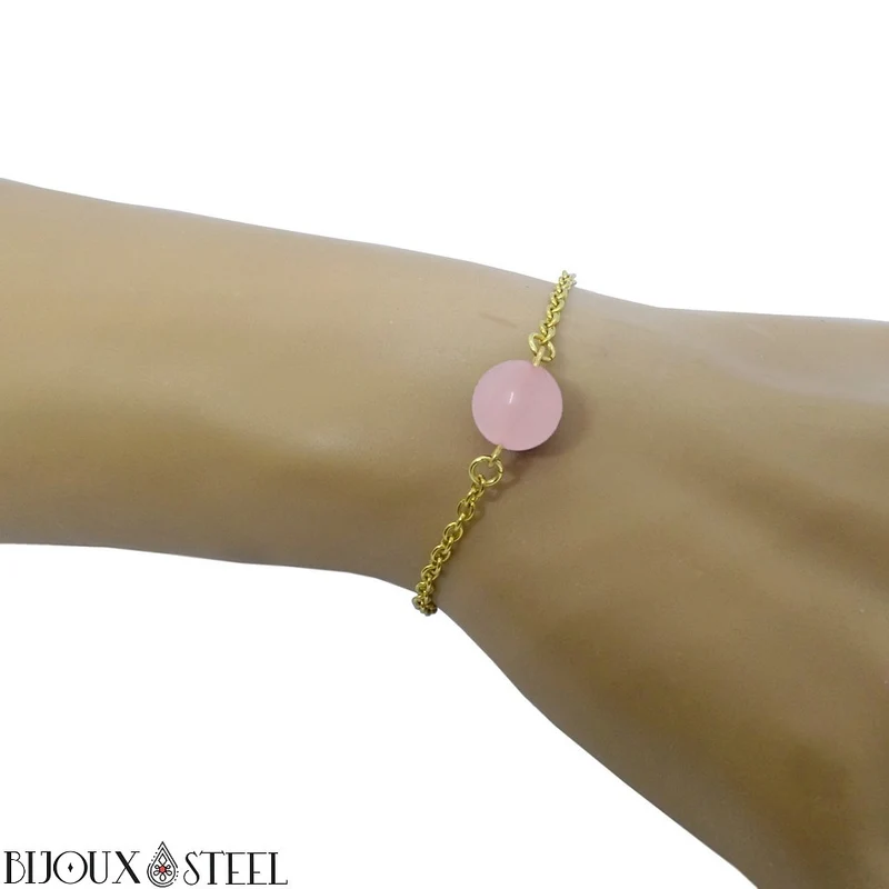 Bracelet à perle de quartz rose en acier inoxydable