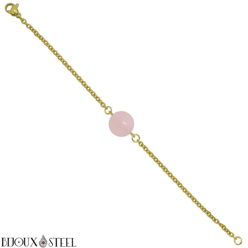 Bracelet à perle de quartz rose en acier inoxydable