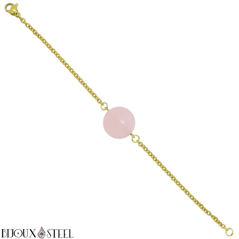 Bracelet à perle de quartz rose en acier inoxydable