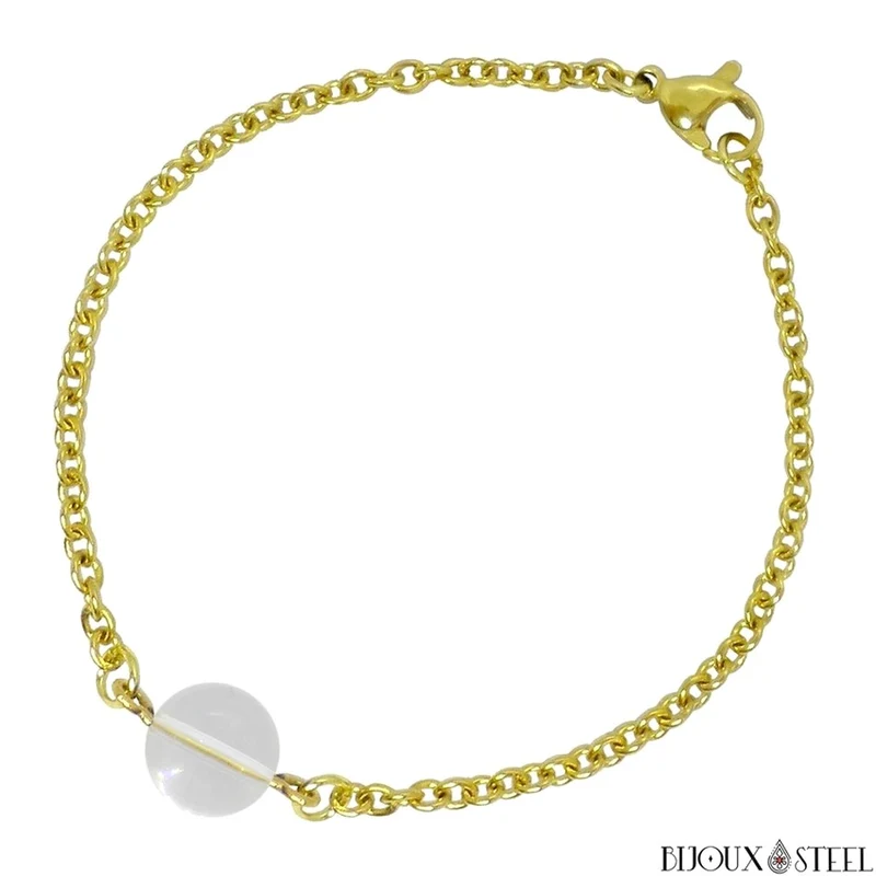 Bracelet à perle de cristal de roche en acier inoxydable