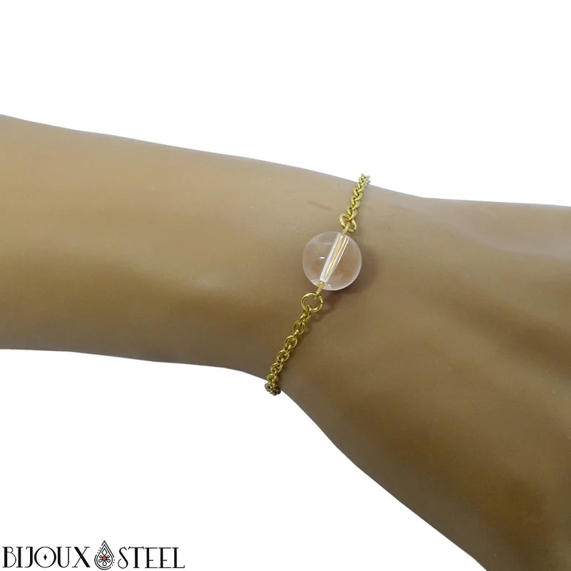 Bracelet à perle de cristal de roche en acier inoxydable