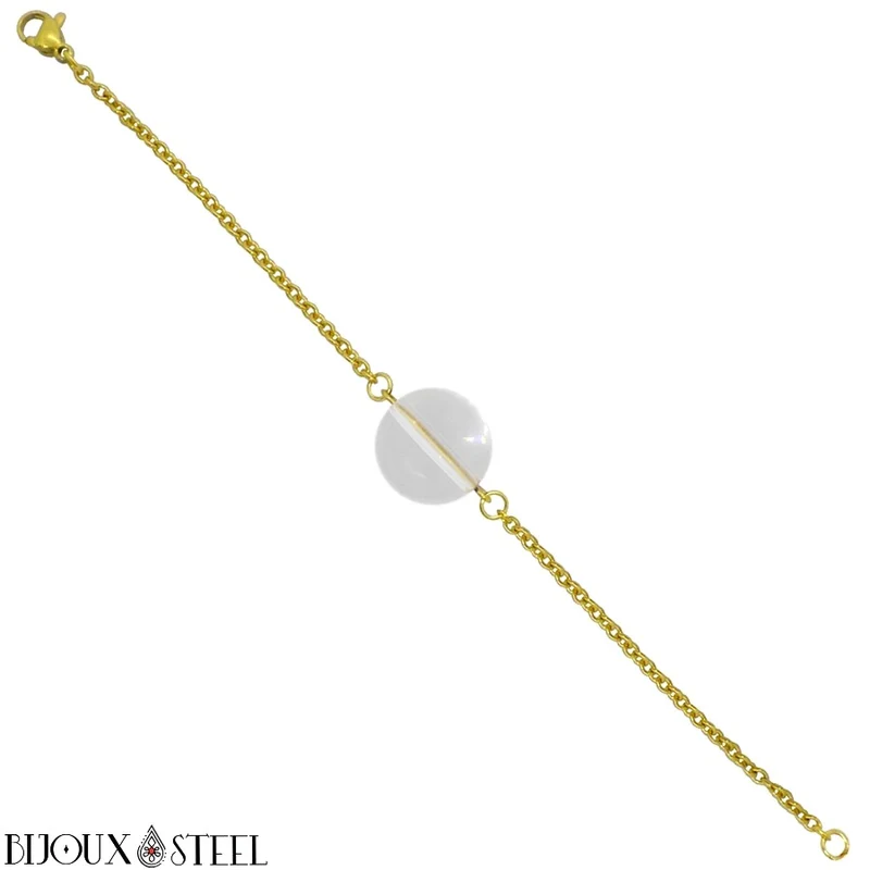 Bracelet à perle de cristal de roche en acier inoxydable