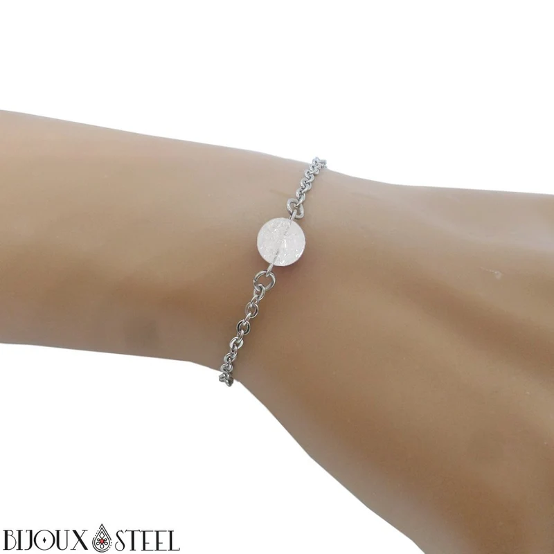 Bracelet à perle de quartz craquelé en acier inoxydable