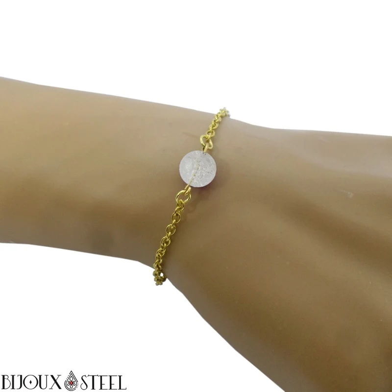 Bracelet à perle de quartz craquelé en acier inoxydable