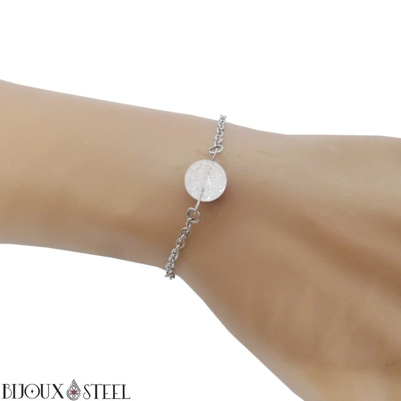 Bracelet à perle de quartz craquelé en acier inoxydable