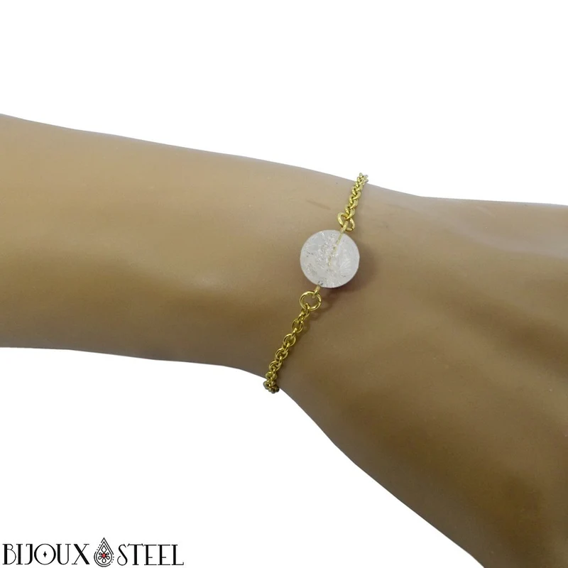 Bracelet à perle de quartz craquelé en acier inoxydable