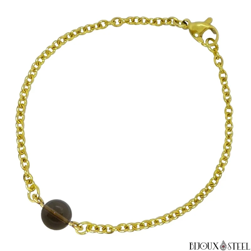 Bracelet à perle de quartz fumé en acier inoxydable