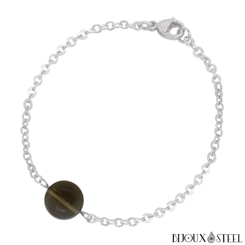 Bracelet à perle de quartz fumé en acier inoxydable