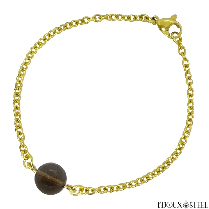Bracelet à perle de quartz fumé en acier inoxydable